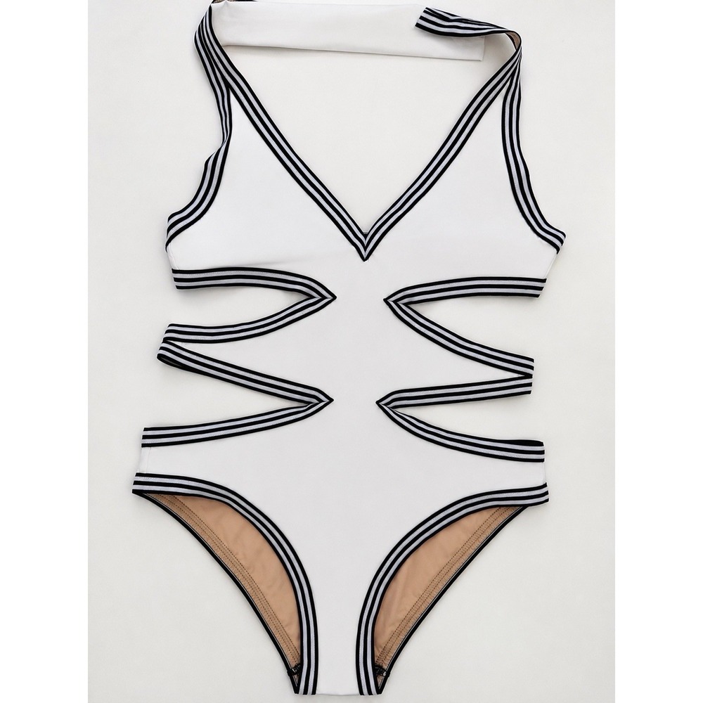 Karla Colletto Tie Halter Cutout Monokini One Piece Swimsuit Nautical NWT 12
